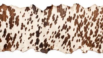 ai gerado animal direitos conceito uma couro de vaca tapete com uma natural padronizar do Castanho pontos em uma branco fundo. foto