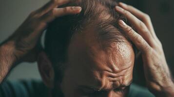 ai gerado uma homem experimentando cabelo perda corrida dele dedos através careca couro cabeludo. foto