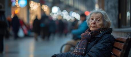 ai gerado envelhecimento sociedade a velho mulher sentado em uma Banco dentro uma cidade quadrado com caminhando pessoas foto