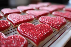 ai gerado vermelho coração em forma dia dos namorados dia açúcar biscoitos foto
