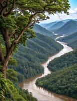 ai gerado a beleza do natureza Amazonas floresta com rio e montanha dentro uma agradável Visão foto