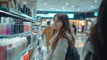 ai gerado lindo jovem vendedora ajuda uma comprador escolher cosméticos dentro uma ampla cosméticos loja ampla copyspace área foto