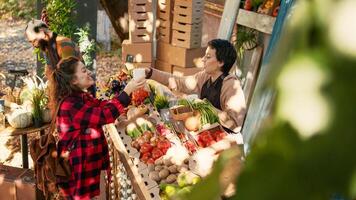 fêmea cliente e fornecedor bebendo copo do quente café às agricultores mercado, mulher comprando fresco eco frutas e legumes. pequeno o negócio proprietário vendendo produzir e desfrutando Visita a partir de regular cliente. foto