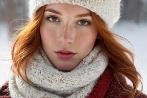 ai gerado inverno retrato do uma jovem ruivo menina dentro uma tricotado chapéu e cachecol coberto com neve. face com sardas fechar-se. Nevado inverno beleza conceito foto