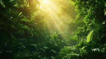 ai gerado tropical chuva floresta panorama com Sol raios emergente Apesar a verde árvore galhos. foto