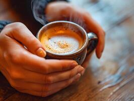 ai gerado fechar-se do mulher mão segurando uma quente café caneca com fumaça em a fundo do uma de madeira mesa. mulher o preenchimento caneca com quente fresco café dentro uma manhã. fechar acima tiro foto