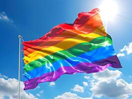 ai gerado a arco Iris bandeira moscas orgulhosamente dentro a céu com nuvens, simbolizando orgulho, unidade, diversidade e igual direitos. foto