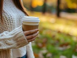 ai gerado cortada imagem do jovem mulher bebendo Leve embora café enquanto caminhando dentro outono parque. seletivo foco em copo foto