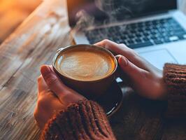 ai gerado jovem mulher leva uma pausa bebendo quente café com fumaça depois de estudando ou trabalhando em uma de madeira mesa. seletivo foco em copo foto