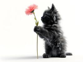 ai gerado uma fofo Preto gatinho com uma delicado vermelho flor, uma lindo retrato do uma doméstico animal foto