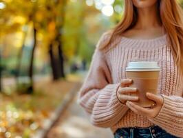ai gerado cortada imagem do jovem mulher bebendo Leve embora café enquanto caminhando dentro outono parque. seletivo foco em copo foto