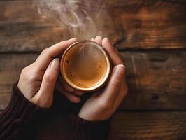 ai gerado fechar-se do mulher mão segurando uma quente café caneca com fumaça em a fundo do uma de madeira mesa. mulher o preenchimento caneca com quente fresco café dentro uma manhã. fechar acima tiro foto