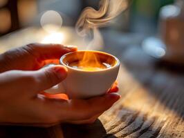 ai gerado fechar-se do mulher mão segurando uma quente café caneca com fumaça em a fundo do uma de madeira mesa. mulher o preenchimento caneca com quente fresco café dentro uma manhã. fechar acima tiro foto