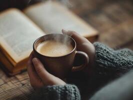 ai gerado jovem mulher leva uma pausa bebendo quente café com fumaça depois de lendo ou estudando em uma de madeira mesa. seletivo foco em copo foto