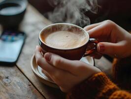 ai gerado jovem mulher leva uma pausa bebendo quente café com fumaça depois de estudando ou trabalhando em uma de madeira mesa. seletivo foco em copo foto