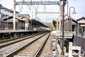 Nara cidade, Japão, 2023 - perspectiva e lado de fora Visão do metal Ferrovia rastrear às Nara trem plataforma em azul céu fundo. foto