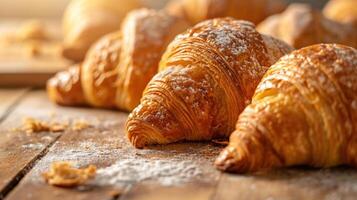 ai gerado croissants em uma de madeira mesa foto