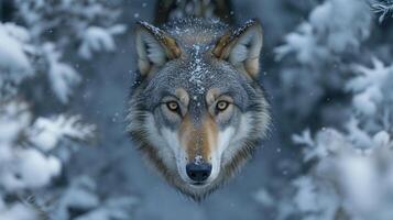 ai gerado livre foto do uma Lobo olhando às a Câmera dentro uma Nevado floresta