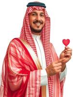 ai gerado livre foto do a árabe homem em uma branco fundo segurando uma vermelho coração