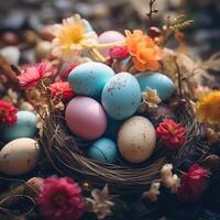 ai gerado Páscoa Primavera mesa configuração decoração, ovos dentro ninho, fresco flores, ai gerado foto