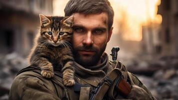 ai gerado retrato do uma militares homem com uma arma de fogo segurando uma gatinho foto