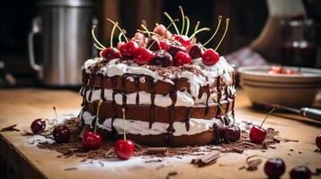 ai gerado uma Preto floresta bolo coberto com chocolate aparas de madeira em uma rústico de madeira mesa, ângulo médio tiro foto