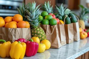 ai gerado fresco produzir e mercearia bolsas sentado em topo do uma bancada profissional publicidade Comida fotografia foto