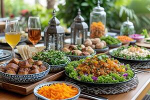 ai gerado jantar mesa com Ramadã vibrações decoração piedosos mês do Ramadã conceito profissional publicidade Comida fotografia foto