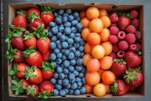 ai gerado fresco frutas presente caixa profissional publicidade Comida fotografia foto