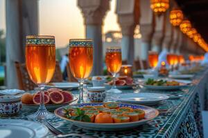 ai gerado jantar mesa com Ramadã vibrações decoração piedosos mês do Ramadã conceito profissional publicidade Comida fotografia foto