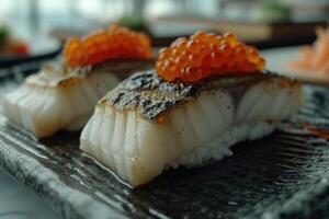 ai gerado uma prato do uma bem banhado cozinhou japonês prato em uma mesa topo profissional publicidade Comida fotografia foto