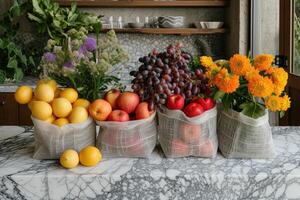 ai gerado fresco produzir e mercearia bolsas sentado em topo do uma bancada profissional publicidade Comida fotografia foto