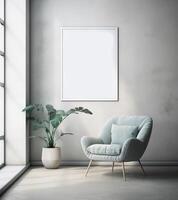 ai gerado esvaziar branco tela de pintura em a cinzento parede, vivo quarto com azul cadeira e plantar foto