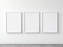 ai gerado três branco quadro, Armação parede poster brincar, branco parede mínimo sala, branco de madeira chão, limpar \ limpo e mínimo foto