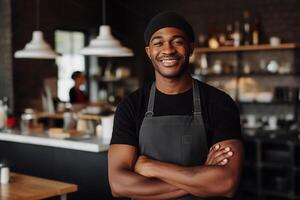 ai gerado retrato do afro-americano chefe de cozinha dentro a cozinha dentro uma restaurante. foto