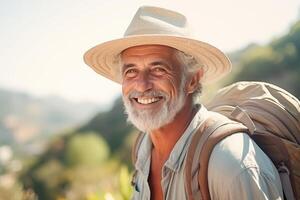 ai gerado sorridente idosos homem com mochila viaja e descobre Novo lugares e culturas. feliz aposentadoria, viagem, férias, viagem, saudável ativo estilo de vida. foto