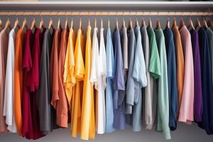 ai gerado casual colorida algodão roupas suspensão em a prateleira guarda roupa ou armário de roupa interior decoração. conceito moderno moda vida estilo. foto