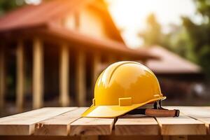 ai gerado amarelo segurança construção capacete em uma de madeira mesa contra a pano de fundo do uma casa ser construído. foto