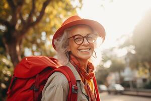 ai gerado sorridente idosos mulher com mochila viaja e descobre Novo lugares e culturas. feliz aposentadoria, viagem, férias, viagem, saudável ativo estilo de vida. foto