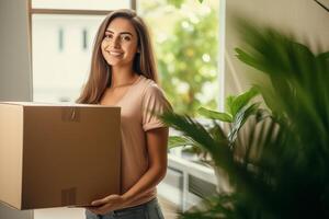 ai gerado feliz sorridente menina carregando cartão caixa com pertences, jovem mulher comovente para dormitório, Novo apartamento. foto