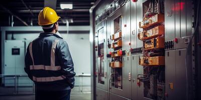 ai gerado elétrico engenheiro em pé dentro frente do elétrico caixa foto