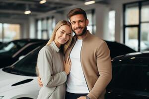 ai gerado retrato do uma feliz jovem casal abraçando dentro auto showroom. jovem casal comprando primeiro carro. foto