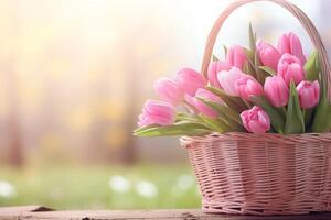 ai gerado ramalhete do Rosa tulipas dentro uma cesta ao ar livre, espaço para texto. foto