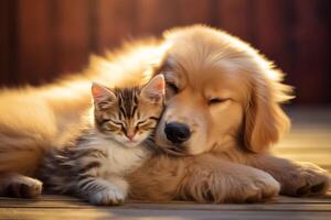ai gerado uma gato e uma cachorro estão em repouso em uma suave animal cama. amizade entre gato e cachorro, espaço para texto. foto