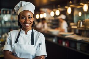 ai gerado retrato do afro-americano chefe de cozinha dentro a cozinha dentro uma restaurante. foto