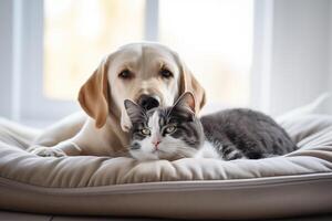 ai gerado uma gato e uma cachorro estão em repouso em uma suave animal cama. amizade entre gato e cachorro, espaço para texto. foto