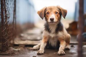 ai gerado disperso sem teto cachorro dentro animal abrigo jaula. triste abandonado com fome cachorro atrás velho oxidado rede do a cela dentro abrigo para sem teto animais. cachorro adoção, resgatar, Socorro para animais de estimação foto