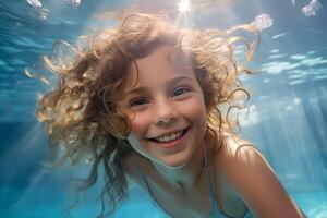 ai gerado retrato do uma fofa pequeno menina natação embaixo da agua. embaixo da agua criança retrato dentro movimento foto