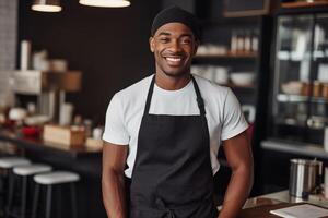 ai gerado retrato do afro-americano chefe de cozinha dentro a cozinha dentro uma restaurante. foto