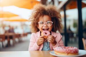 ai gerado positivo menina com óculos comendo rosquinha dentro ao ar livre cafeteria, espaço para texto. foto